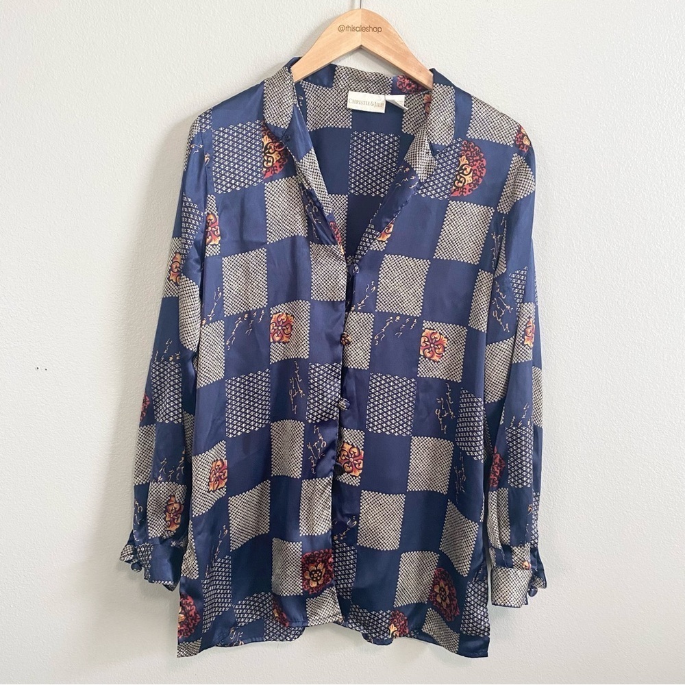 Christie & Jill Vintage Blue Satin Oriental Asian Inspired Long Sleeve Top Med